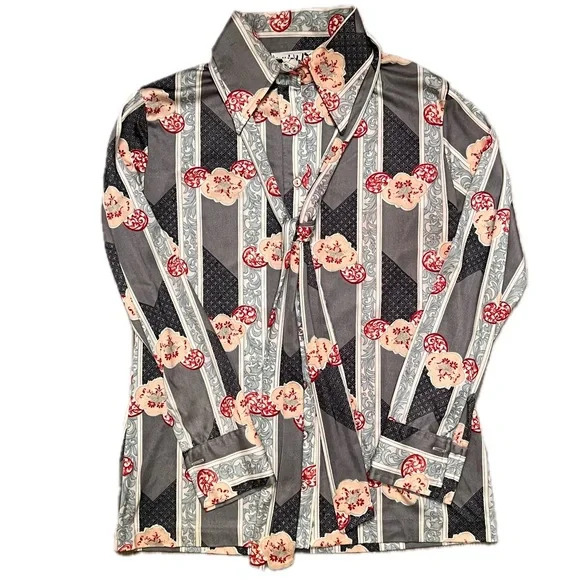 Vintage 1970s long sleeve blouse with tie neckerchief floral grey Vicki Volts - Picture 3 of 12